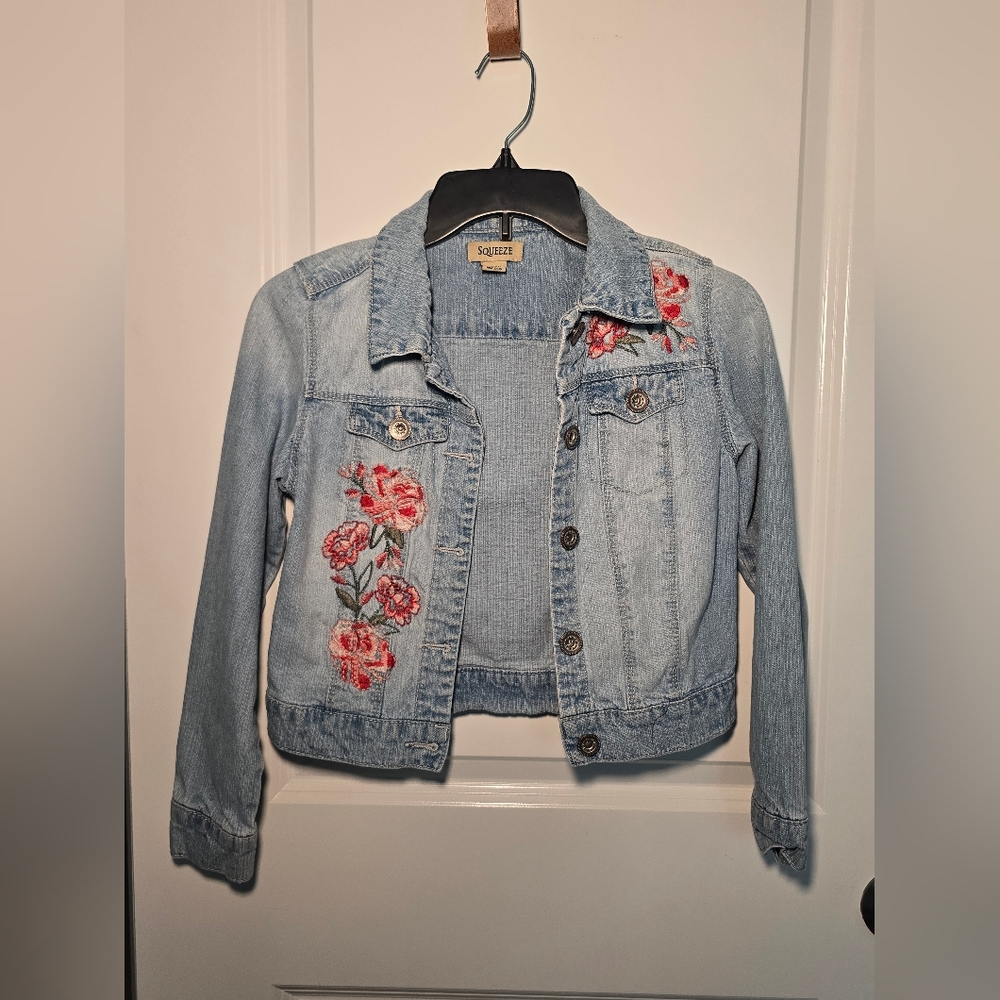 Squeeze Light Blue Jean Jacket with‎ Pink Floral Embroidery Girls 12